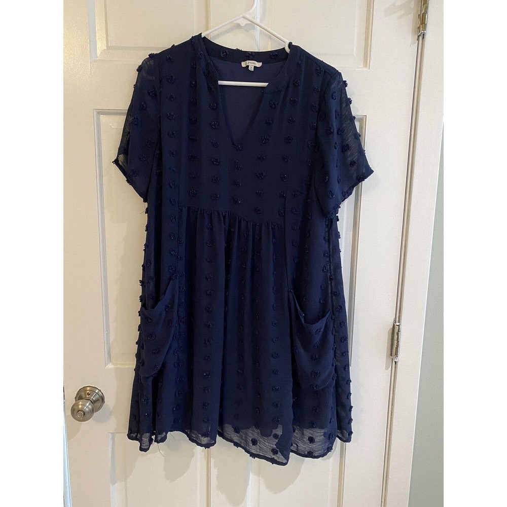Jodifl Women's BLUE Polyester Short Bubble Sleeve W/Pockets Dress Size M